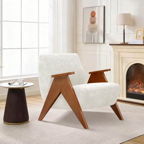 TQHOQ Armchair for Living Room, Comfy Chenille Louge Chair, Upholstered Accent Chair With Wooden Handrails (Beige, 1 PCS)
