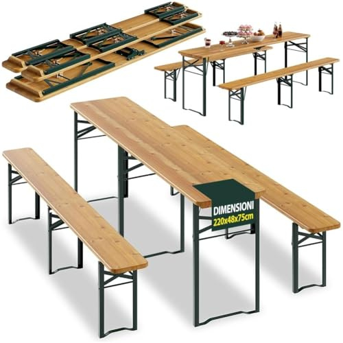 BAKAJI Set 3 Pezzi Birreria con Tavolo Pieghevole e Panche da Esterno, Struttura in Acciaio Comoda, Seduta Ergonomica e Resistente, Ideale per Giardino, Bar, Campeggio, Sagra (220 cm)