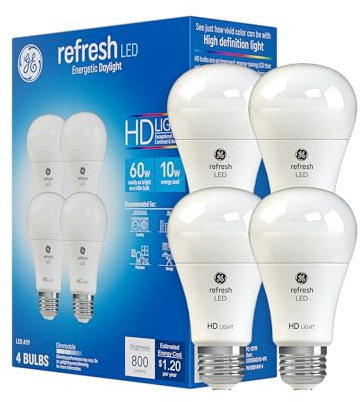 GE Refresh LED Light Bulbs, 10 Watts (60 Watt Eqv) Daylight HD Light, A19 Standard Bulbs (4 Pack)