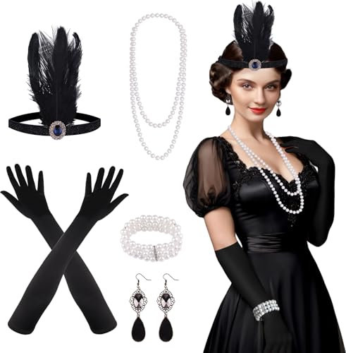 FEPITO 8 Stück 1920er Flapper Great Gatsby Accessoires Set Fashion Roaring 20er Themenset mit Stirnband Kopfschmuck Lange schwarze Handschuhe Halskette Ohrringe für Damen（Set B）
