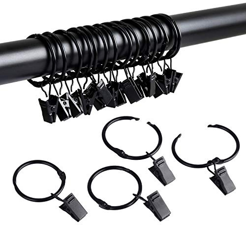 SPLF 36 Pack Metal Openable Curtain Rings with Clips, 1.22 Inch Interior Diameter, Fits up to 1 Inch Rod, Heavy Duty Rustproof Vintage Decorative Drapery Eyelet Curtain Rods Hangers Rings, Black