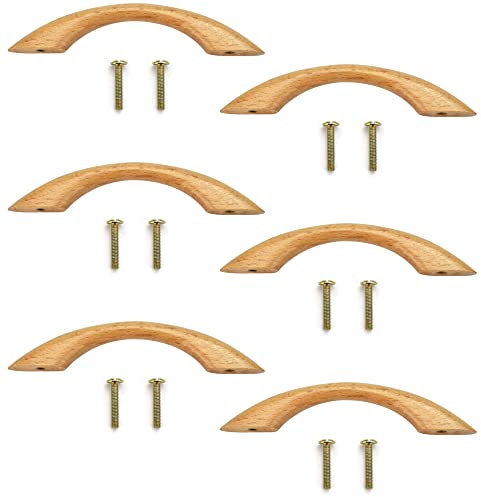 JUNMEIDO 6 Stücke Stoßgriff Holz Schrankgriffe Holz 96mm Möbelgriff Schrank Holzgriffe Möbel Schubladengriffe Natur Griffe mit 12 Schrauben für Tür Möbel Knöpfe Schubladen Schrank Kommode,Dekoration