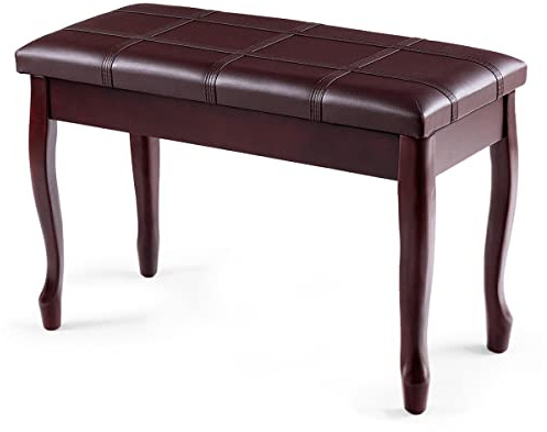 RELAX4LIFE Panca Imbottita 2 Posti per Pianoforte, Sgabello in Legno con Gambe Curve, Superficie in PU e Imbottitura Resiliente, Sedile Apribile a Ribalta con Portaspartiti, 75x35x49 cm (Marrone)