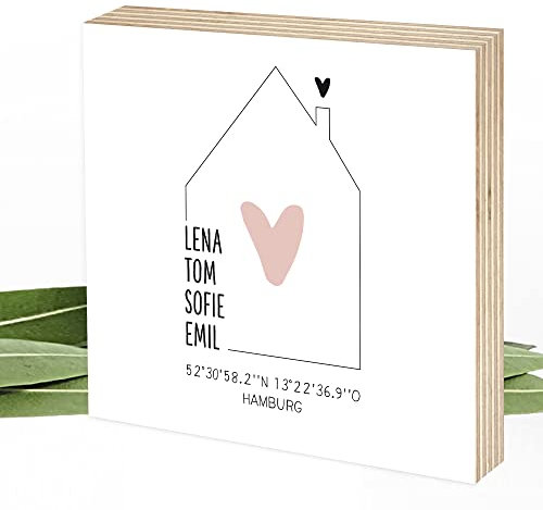Wunderpixel® Holzbild Haus Namen Koordinaten - personalisiert - 15x15x2cm zum Hinstellen/Aufhängen, echter Fotodruck auf Holz - Wand-Bild Aufsteller Zuhause Dekoration Geschenk-Idee Familie