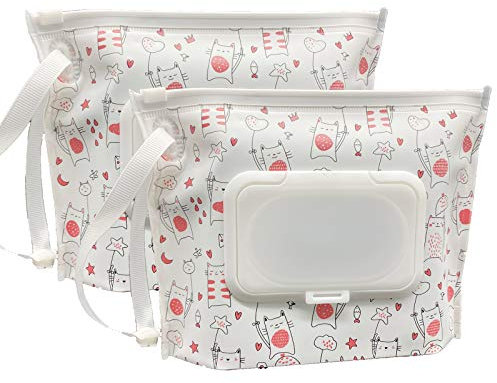 ULVBABI Kleine Größe, tragbare Feuchttücher-Behälter (17,8 x 13,7 cm), wiederverwendbar und nachfüllbar, Baby-Feuchttücher-Spender, umweltfreundlich, handlich, Reise-Windeltuch, Tragetasche (Love Cat)