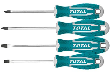 Total Tools - Lot de 4 tournevis | 2 embouts plats à 2 embouts Phillips | Avec tige ronde | Poignée ergonomique et antidérapante bimatière | Chrome vanadium