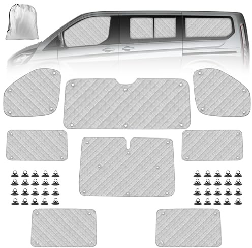 Husbil vindruta solskydd ersättning för Ford Transit Custom LWB 2012–2022, 8 delar solskydd för framruta, internt termogardin, set med förvaringsväska (8 st. LWB)