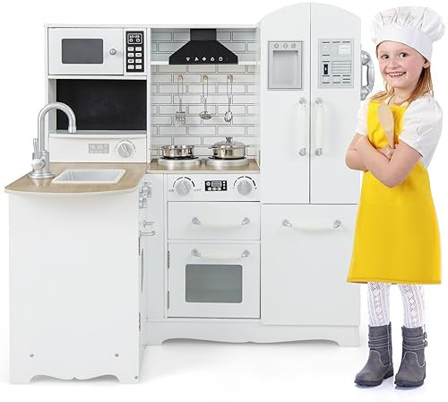 GYMAX Kids Corner Kitchen, Wooden Toy Kitchen with Sink, Stove, Microwave, Oven, Range Hood, Refrigerator, Water Dispenser and Cookware Accessories, Children Role Play Kitchen for Girls Boys (11 in 1)