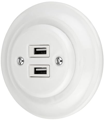 Presa USB da incasso in porcellana, stile retrò, 2 prese, All-in-One, serie PR1, colore: bianco