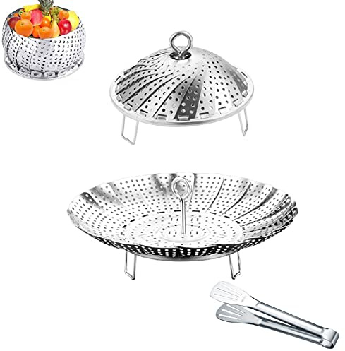 Yubng 304 Stainless Steel Vegetable Steamer Basket, Expandable Insert for Cooking, Fits 6.4 to 10.2 Inch Pots, Includes 7.3 Inch Kitchen Tongs