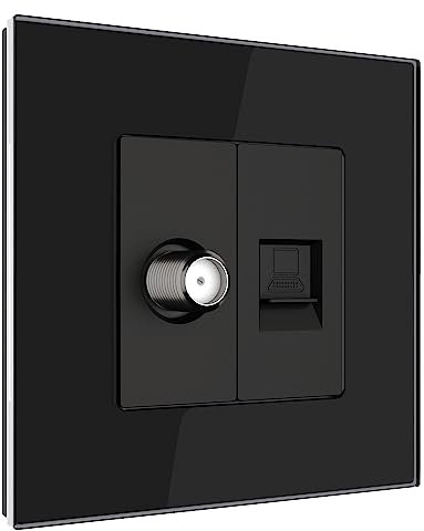 PULSAR Sat Dose und Netzwerkdose 1 Fach Schwarz mit Glas Rahmen, Antennendose und RJ45 8P8C Ethernet Buchse SAT Anschlussdose/Netzwerk Dose Multimediadose