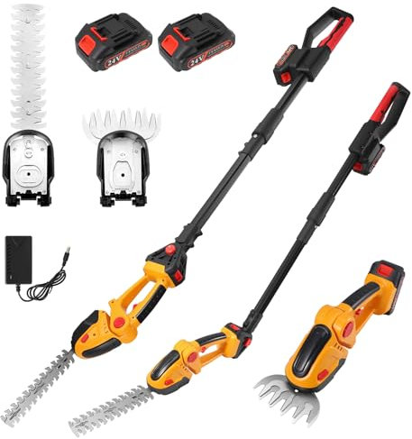 Neulriscn 2 in 1 Cordless Pole Hedge Trimmer & Grass Shear, 24V Electric Grass Trimmer Hedge Cutter with 2 x Batteries and Charger, Long Reach Extension Pole for Tree Trimming, 90° Adjustable Head