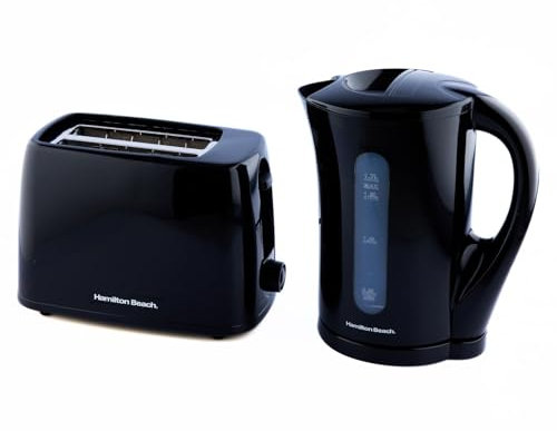 Hamilton Beach Black Kettle and Toaster Set, Essential, Electric Kettle 1.7L, Wide Slot Toaster 2 Slice, Boil Dry Protection, 6 Browning Levels - HBESSB