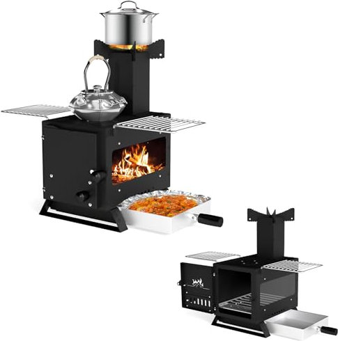 KOMFOTTEU Estufa de Leña de Mesa, Mini Estufa de Tienda de Campaña con Rejilla para Ollas, Bandeja de Horno y 2 Parrillas, Horno de Camping con Ventana de Vidrio para Barbacoa, Picnic