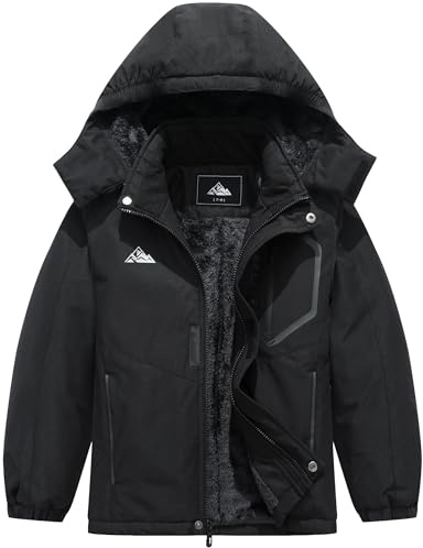 QUCOOM Kids Boys Winter Ski Jacket Warm Snowboard Coat Fleece Lined Waterproof Hooded Coat, black, 6