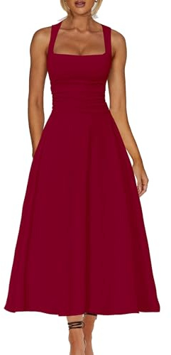 Kaximil Women's Square Neck Corset A Line Maxi Dress Ruffle Ruched Waist Flowy Long Dresses, Small, Wine Red