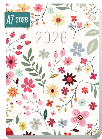 Häfft® Taschenkalender 2026 klein A7 Wild Flower Wochenkalender mit Feiertagen DE/AT, Monats- & Ferienübersicht, To-do & Notizseiten, 128 Seiten