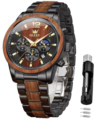 OLEVS Wooden Watches for Men Large Dial with Multi-Function Analog Quartz Date Display Business Luxury Stainless Steel Waterproof Luminous Men's Watches