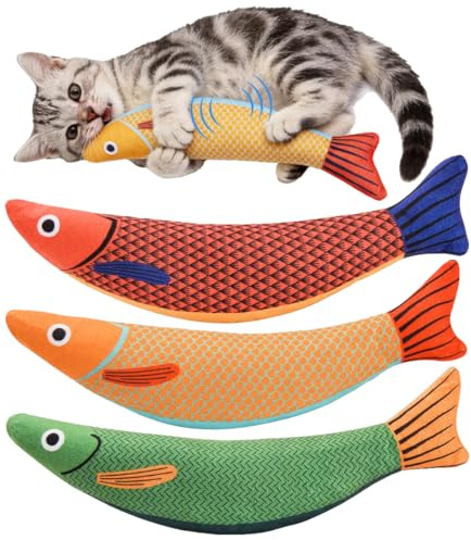 3 stycken kattleksaker med kattmynta och valeriana, 24 cm kattleksak interaktiv fiskkicker, med klocka inuti, självaktivitet och intelligensträning för alla katter och kattungar