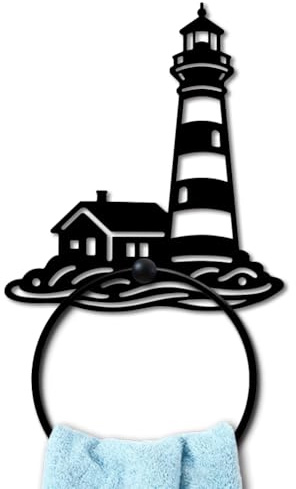 MAYJOYDIY Coastal Lighthouse Metal Towel Ring Wave Ocean Black Hand Towel Holder Small House Storage Hanging Ring Wall Mounted Bathroom Accessories for Bathroom Kitchen Washbasin Home Decoration Gift