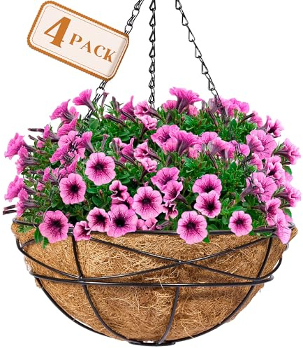 Sorbus 4 Pack Metal Hanging Planter Basket Huge 12 Inch Hanging Flower Pot Basket & Coco Coir Liner for Indoor/Outdoor Garden Décor, Perfect for Home, Garden, Patio, Deck (Black)