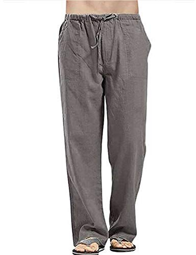 VANVENE Pantalones de lino para hombre, informales, holgados, ligeros, con cintura elástica, para verano, yoga, playa, gris oscuro, XXXXL