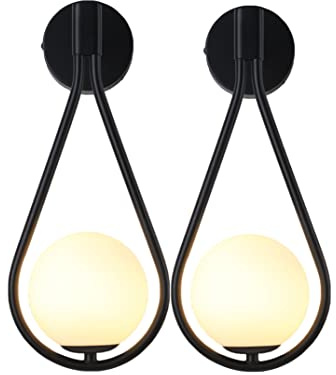 KRIPINC Vägglampa, 5W Art Deco, LED-glaskula, vintage-lampa, glasgloblampa för vardagsrum, sovrum, säng, trappa (svart x 2)