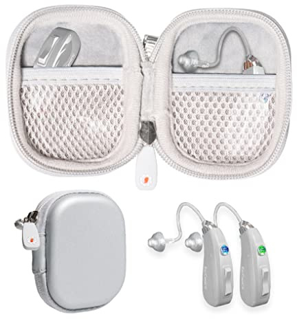 Funda protectora diseñada para audífonos, amplificador auditivo, amplificador de sonido personal, dispositivo auditivo, dispositivo auditivo, mini funda fuerte con bolsillo de malla (gris)