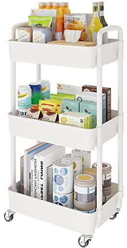Laiensia 3-Tier Rolling Cart with Wheels,Multifunction Utility Storage Carts, Kitchen Storage Organizer,Mobile Shelving Unit for Bathroom,Laundry,with Classified Stickers,White