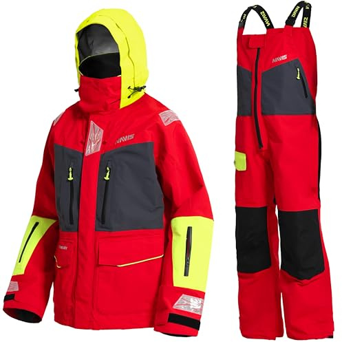 Men’s PRO Sailing Jacket Waterproof & Offshore Bib Pants + Hi-Vis Hoodie 3-Piece Wet Weather Gear for Crew & Ocean Racing (Red, XL)