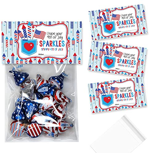 Amanda Creation Happy 4th of July Sparklers Themed Bag Toppers for Party Favor Treat Bags, Set of 20 Bag Toppers With 20 Self-Adhesive Bags Also Included