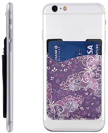 Qqlady Lila fjärilar telefonplånbok telefonkorthållarficka för telefonens baksida, telefonplånbok i läder, självhäftande kreditkortshållare för telefonfodral kompatibel med alla mobiltelefoner