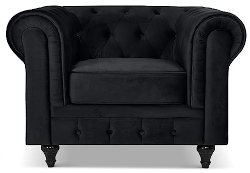 Bravich Velvet Chesterfield Armchair | Single Seater Accent Chair | Soft Plush Fabric | Foam Seat Cushion | Scroll Arms | Button Studded Back | Living Room Bedroom Conservatory | Black | 110x90x78cm