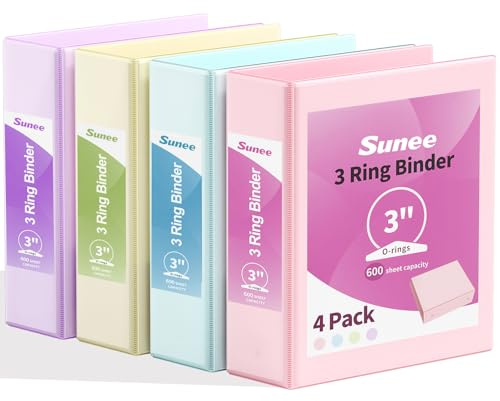 SUNEE 3 Ring Binder 3 Inch 4 Pack, 3 Large Clear View Binders Three Ring PVC-Free (Fit 8.5x11 Inches) for School or Office Supplies, Assorted Pastel
