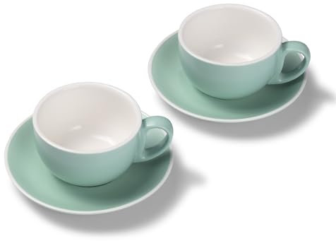 Terra Home 2er Milchkaffee-Tassen Set - Türkis, 350 ml, Matt, Porzellan, Dickwandig, Spülmaschinenfest, italienisches Design - Kaffee-Tassen Set mit Untertassen