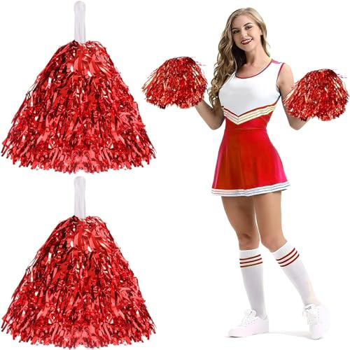 KOMUNJ 2 Cheerleader Pom Poms, Foil Cheerleader Pom Poms with Handle for Ball Games Dance Party (Red)