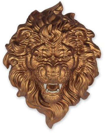 ADM - 'Testa di leone' - Scultura figurativa classico moderna in resina effetto metallo con dettagli decorati color oro, da appendere a parete - Bronzo - H49 cm