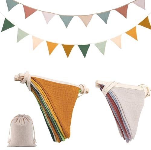2 Stück Wimpelkette aus Musselin Baumwolle mit Jutesäckchen - 2,6m Outdoor Wetterfest für Hausbett, Babybett, Kinderzimmer - Wanddeko Geschenk