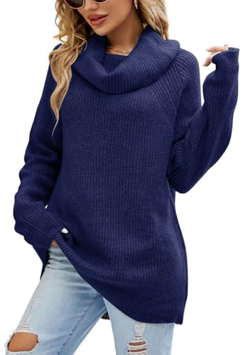 crazy bean Maglione Donna Elegante a Collo Alto Maglie Pesante a Maniche Lunghe Caldo Dolcevita Lungo Pullover Invernale in Maglia Oversize Blu Scuro S
