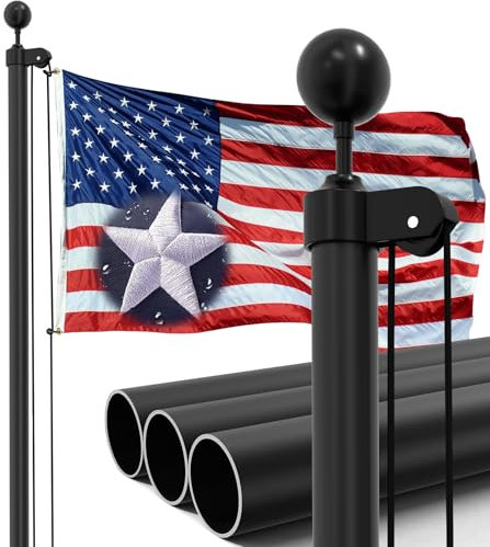 IIOPE 4,8 m schwarzer robuster Fahnenmast, 13 Gauge Aluminium, extra dick, für Wohn- und Bodenflaggenstangen, komplettes Set, bestickte Sterne, USA-Flagge, inklusive aller benötigten Hardware, um zwei