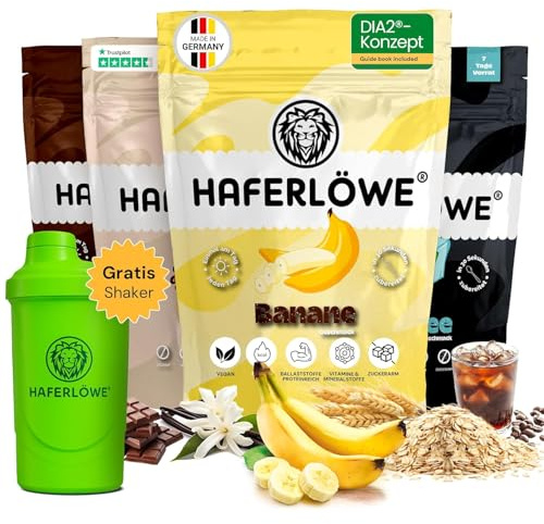 Haferlöwe Haferkur 28 Tage Starter Set | Leckere Hafertage in 4 Geschmacksrichtungen inkl. Gratis Shaker und Leitfaden | Protein Shake | Leckerer Diät Hafershake | DIA2® Ernährung