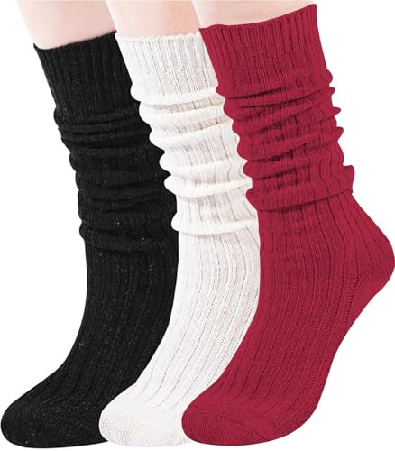 Moon Wood 3 Paia Calzini Lunghi Donna Arricciate Calze Termiche Donna Invernali in Lana Calzini Spugna Alti al Ginocchio Slouch 35-42 Nero Bianco Rosso