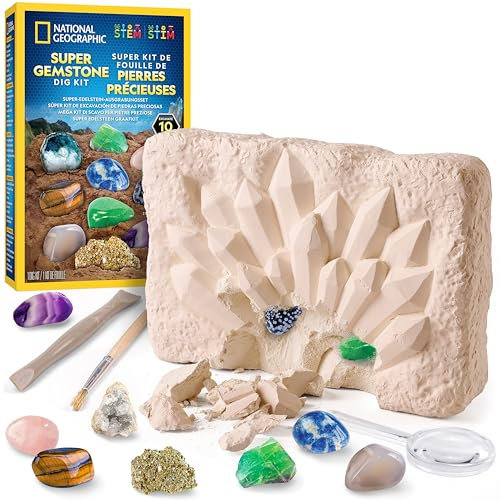 Blue Marble NATIONAL Geographic Super Edelstein Ausgrabungsset - 10 echte Edelsteine, Grabwerkzeuge & Vergrößerungsglas, Wissenschaftskits für Kinder 8-12, Kristalle
