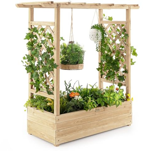 COSTWAY Jardinière avec 2 Treillis Latéraux Toit Suspendu en Bois de Sapin avec Trou de Drainage, Lit de Jardin pour Plante Grimpante Résistance aux Intempéries, Naturel (110 x 44 x 113,5 cm)