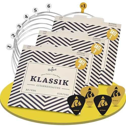 BELFORT® Gitarrensaiten Konzertgitarre, Saiten für klassische Gitarre aus Nylon und Silber, Akustikgitarre (3er Saiten Set) inkl. 4 Plektren + extra hoher E-Saite für Konzert Gitarren (Guitar Strings)