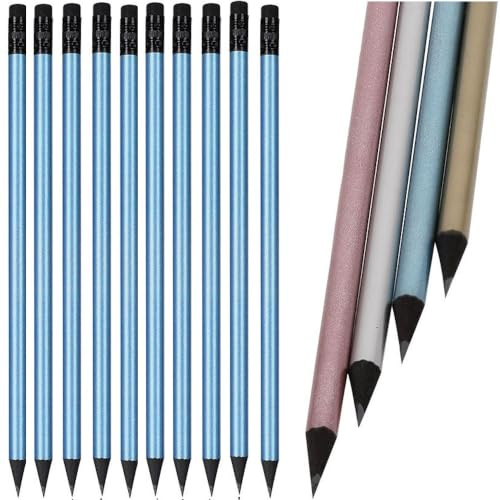 10 stycken blyertspennor träpennor med suddgummi i metallisk look silver guld rosa blå med svart inre kropp Black Edition HB, förspetsiga, 19 cm längd ekonomipack hållbar (blå)