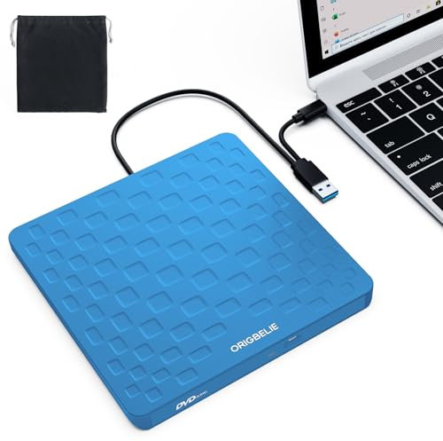 ORIGBELIE External CD DVD Drive for Laptop, USB 3.0 Type-C Ultra Slim 13mm DVD Player Portable CD DVD +/-RW Drive CD Burner Reader Writer Recorder for Desktop PC Windows 11/10/8/7 Linux Mac OS (Blue)