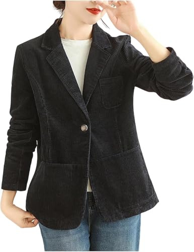 Suncadmious Giacca Casual a Maniche Lunghe in Velluto a Coste da Donna Primaverile Elegante Casual da Ufficio Corta in Velluto a Coste con Bottoni e Tasche (Nero,L)