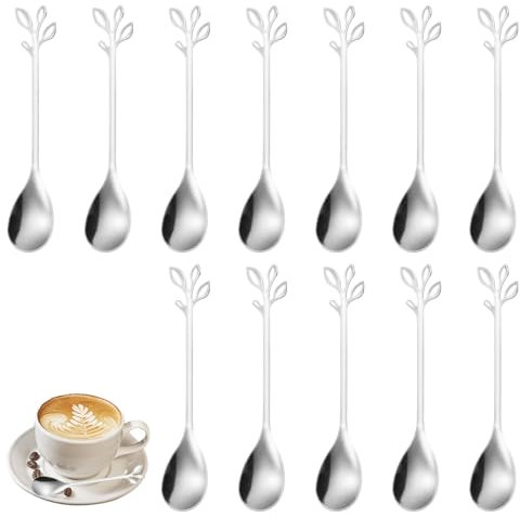 Annlpoy 12pcs Cucchiaino da Caffè in Foglia di Acciaio Inossidabile,cucchiaini da caffè particolari acciaio inox, Cucchiai da Tè e Dessert, Design Elegante per Bevande, Caffè, per Casa e Caffetteria