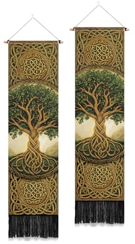 PLIGREAT 2 Pack Tree of Life Vertical Tapestry Celtic Knot Aesthetic Wall Hanging for Bedroom Living Room Home Decor Long Narrow Art Tapestry with Tassels, 52 x 13/130 x 33cm